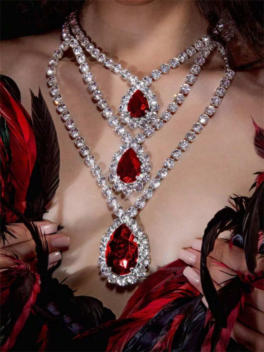 Sparkling Crystal Layered Pendant Necklace, Suitable For Party And Clubbing Occasions - Red - View 1