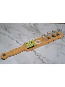 Tequila Shot Board With Glass Holders, Wooden Bar Tray With Salt Rimmed Edge - For Tequila, Parties, Weddings, Housewarming, Gifts