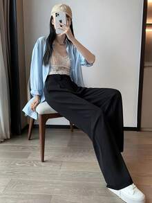 Women Straight Leg Loose Solid Color Front Double-Button Pants Black Spring - Black - View 3