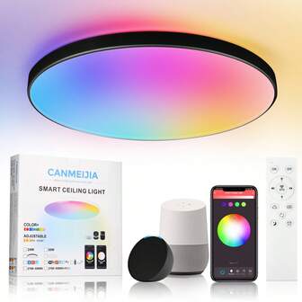 CANMEIJIA 24W Alexa Ceiling Light, Bluetooth Tuya Mobile App Control, RGB Bedroom Ceiling Lamp, Home Decor Living Room Lamp With Remote Control, Suitable For Home/Living Room/Bedroom/Music Room/Study/Kitchen/Bathroom/Closet/Stage/Exhibition Hall/Store/Gallery/Corridor/Dining Room/Clothing Store/Bar/Studio