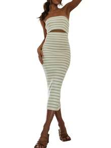 Women Y2K Summer Strapless Maxi Tube Dress Sleeveless Backless Hollowed Striped Patchwork Long Bodycon Dress Party Clubwear