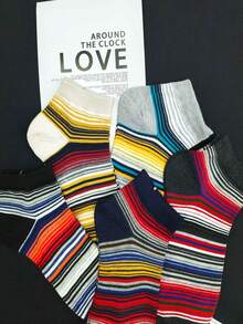 5pcs/Set Men's Striped Rainbow Multicolor Stripes Patchwork Casual Boat Socks - Multicolor - View 10
