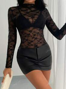 1 peça de camiseta de renda de manga comprida, cor sólida, sexy, transparente, slim fit, início da primavera