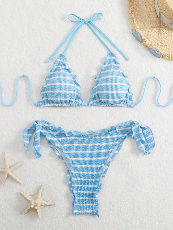 Neuer spezieller Stoff gestreifter sexy rüschiger Saum, niedliches sexy Set für Date, Urlaub, Strand, 4-teilig