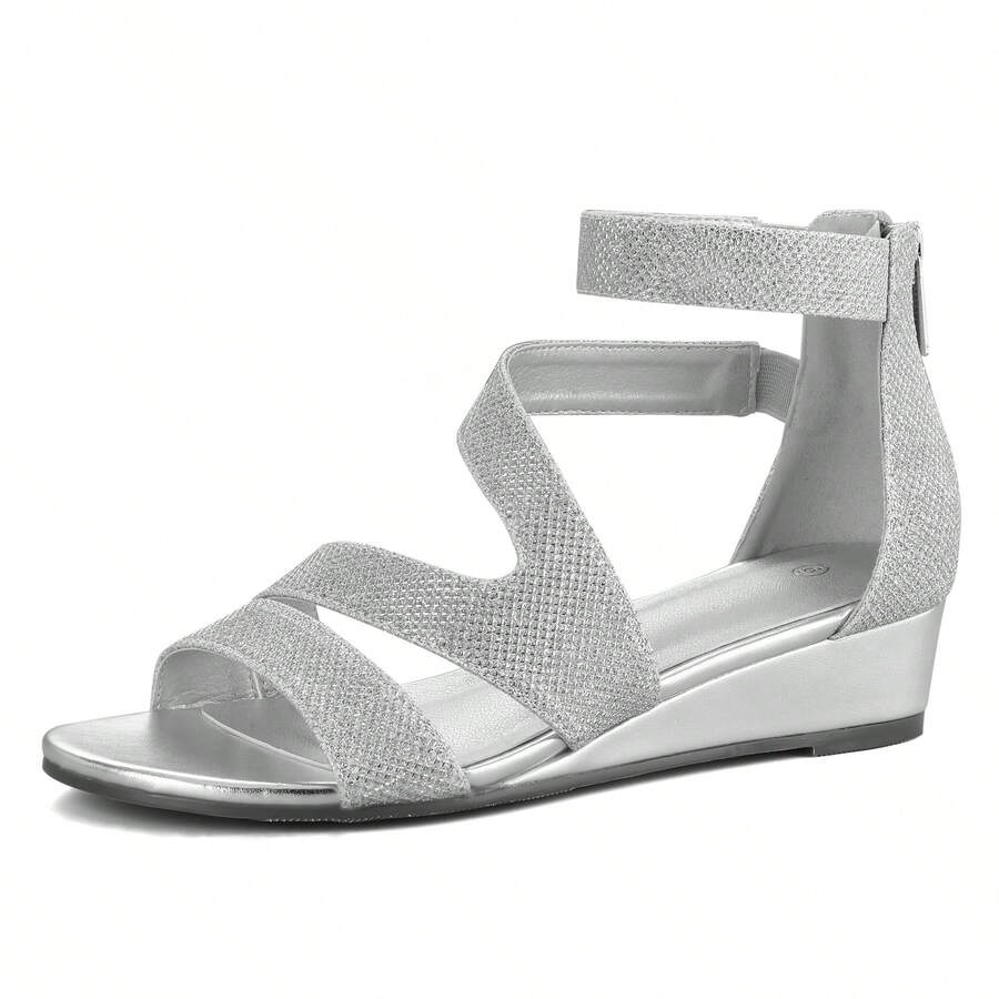 PENNYSUE Women's Low Wedge Sandals Wide Width Ankle Strap Open Toe With Zipper Summer Dress Shoes - 銀色 - 查看 1