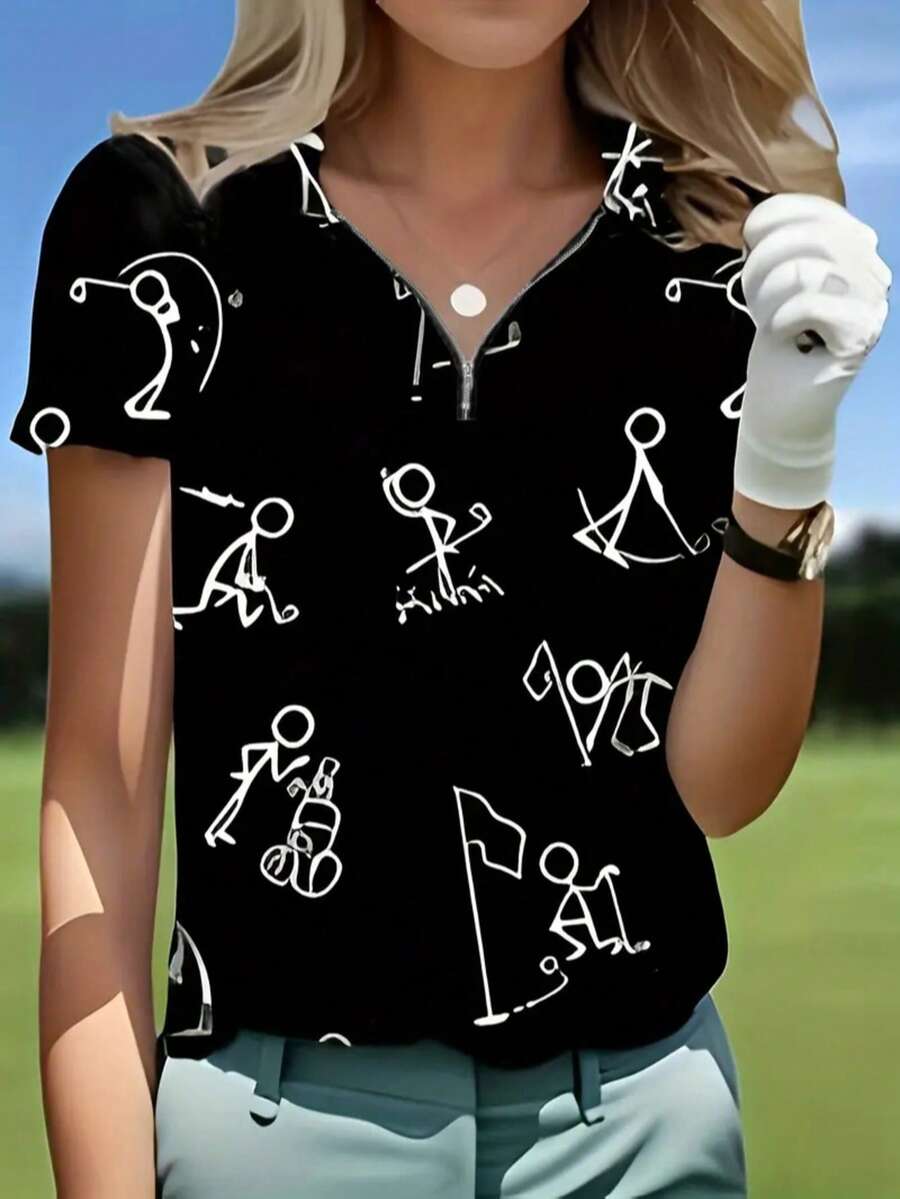 Women's Spring/Summer Golf Polo Shirt, Casual Collar, Short Sleeve, Slight Stretch, 4-Season Top With Zipper Detail & Geometric Golf Pattern