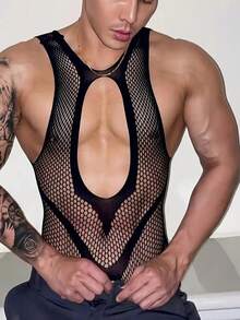 1 件男士性感内衣，异国情调服装，男士服装丈夫约会男士泰迪睡衣恋物癖开裆绅士男士睡衣，黑色高弹力网眼紧身裤连裤袜性感男士服装男士紧身衣男士黑色