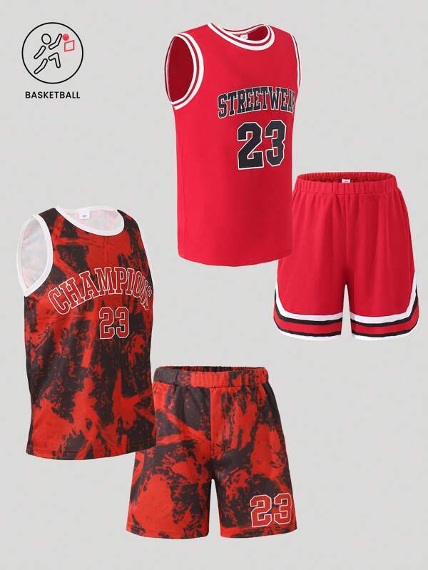 4-Piece Set: Boys' Graphic Print Round Neck Tank Top And Shorts, Suitable For Casual Daily Wear And Sports, Quality Memorabilia, Size 23
