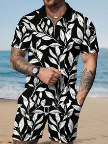 Bộ áo polo nam in họa tiết lá cây, có khóa kéo và quần short dây rút, phong cách thường ngày cho kỳ nghỉ. - Nhiều màu - Xem 2