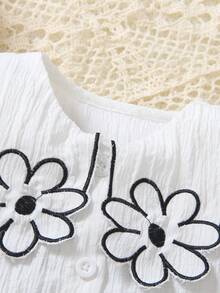 2pcs/Set Young Girls Cute Floral Embroidery Collar Sleeveless Top And Plaid Shorts Outfit, Summer - White - View 2