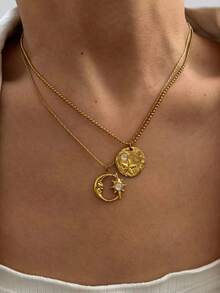 Monlansher 原创新款女士项链，不锈钢蛇骨链配圆形月亮和星星吊坠，手工制作，带宝石装饰，时尚简约，百搭日常佩戴