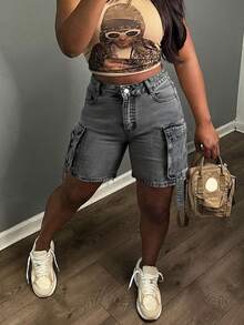 Y2K 宽松直筒多口袋牛仔短裤（女款） - 深灰色 - 查看 4