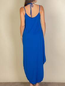 Women's Elegant Sleeveless V-Neck Knitted Fabric Long Dress With Asymmetrical Hem And Split Thigh Casual Loose Fit - 皇家 - 查看 6