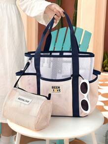 1Pc/Set Macaron Colors Mesh Beach Tote Bag Set With Phone Pocket, Nylon Casual Transparent Toiletry Bag Set With Zipper, Large Capacity Lightweight Storage Bag, Oversized Sandproof Swim Tote, Portable Reusable Summer Tote Bag With Hanging Handle, S/L Wash Bag Gift For New Semester, Spring/Early Summer, Anniversary, Vacation, Daily Use, Holiday, Mother's Day Gift, New Style In 2025.
