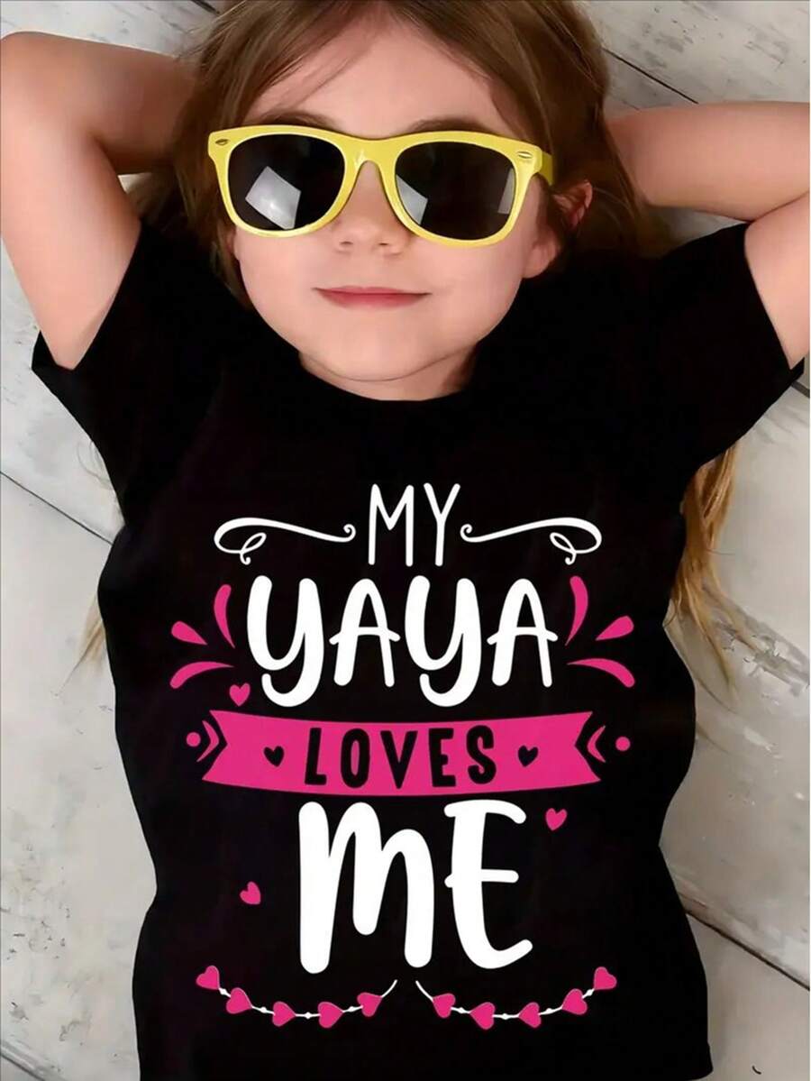 MY YAYA LOVES ME" Girls' Soft Cotton T-Shirt - Casual Round Neck, Short Sleeve Summer Top With Playful Pink Lettering & Hearts Design, Machine Washable, Comfortable Knit Fabric For Youngsters - màu đen - Xem 1