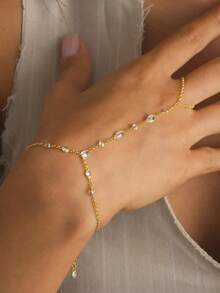 1pc Copper Inlaid Crystal Satellite Chain High-End Crystal Finger Ring & Bracelet, Suitable For Daily Wear, Parties, And Weddings - Gold - View 2