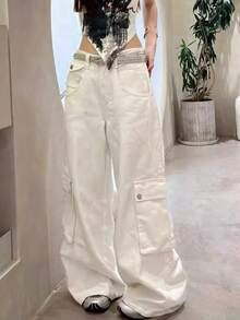 Pantalones largos de trabajo blancos de diseño industrial para mujer, de cintura alta, corte recto, ajustados, holgados y con pernera ancha. - Blanco - Ver 1