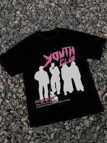 Tricou casual cu mânecă scurtă pentru bărbați, cu slogan de tip portret, cu slogan pentru tineri, tricou imprimat, potrivit ca cadou pentru prieteni - Negru - Vizualizare 1