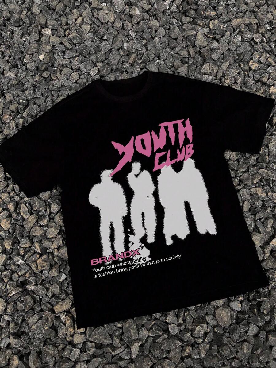 Tricou casual cu mânecă scurtă pentru bărbați, cu slogan de tip portret, cu slogan pentru tineri, tricou imprimat, potrivit ca cadou pentru prieteni - Negru - Vizualizare 1