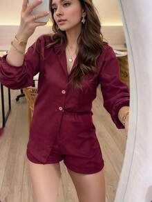 Long Sleeve Top And Shorts Set Combination - Burgundy - View 1