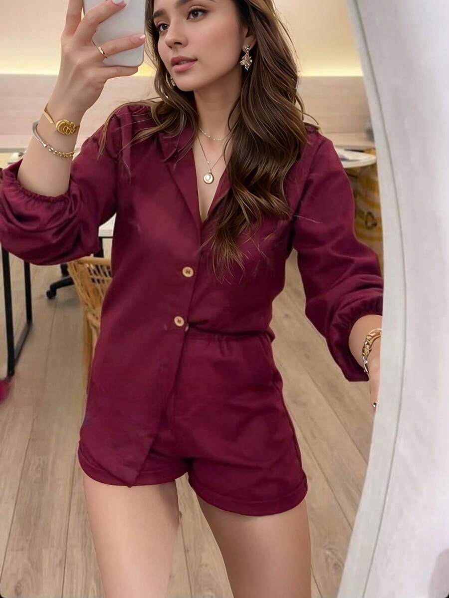 Long Sleeve Top And Shorts Set Combination - Burgundy - View 1