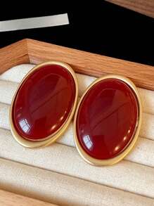 1 Pair Metal Oval Red Exaggerated Earrings, Fashionable Minimalist Royal Style Ear Clips For Women & Girls, Weddings & Parties