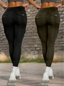 2pcs Women's Outdoor Sport Pants, Multi-Color Elastic High Waist Yoga Leggings With Pockets, Suitable For Cycling, Running, Tennis, Golf, Spring & Summer