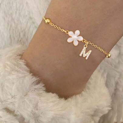 1条新款时尚字母花朵金色不锈钢珠链手链，女士款