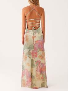 Women Spaghetti Strap Floral Print Maxi Dress Sleeveless Backless Cami Long Dress Summer Cross Tie-Up Party Dresses - Màu be - Xem 4