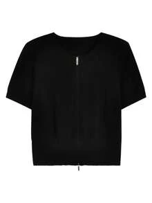 Áo croptop tay ngắn dệt kim hai khóa kéo mới về, kiểu dáng ôm sát đa năng dành cho nữ, màu đen. - màu đen - Xem 2