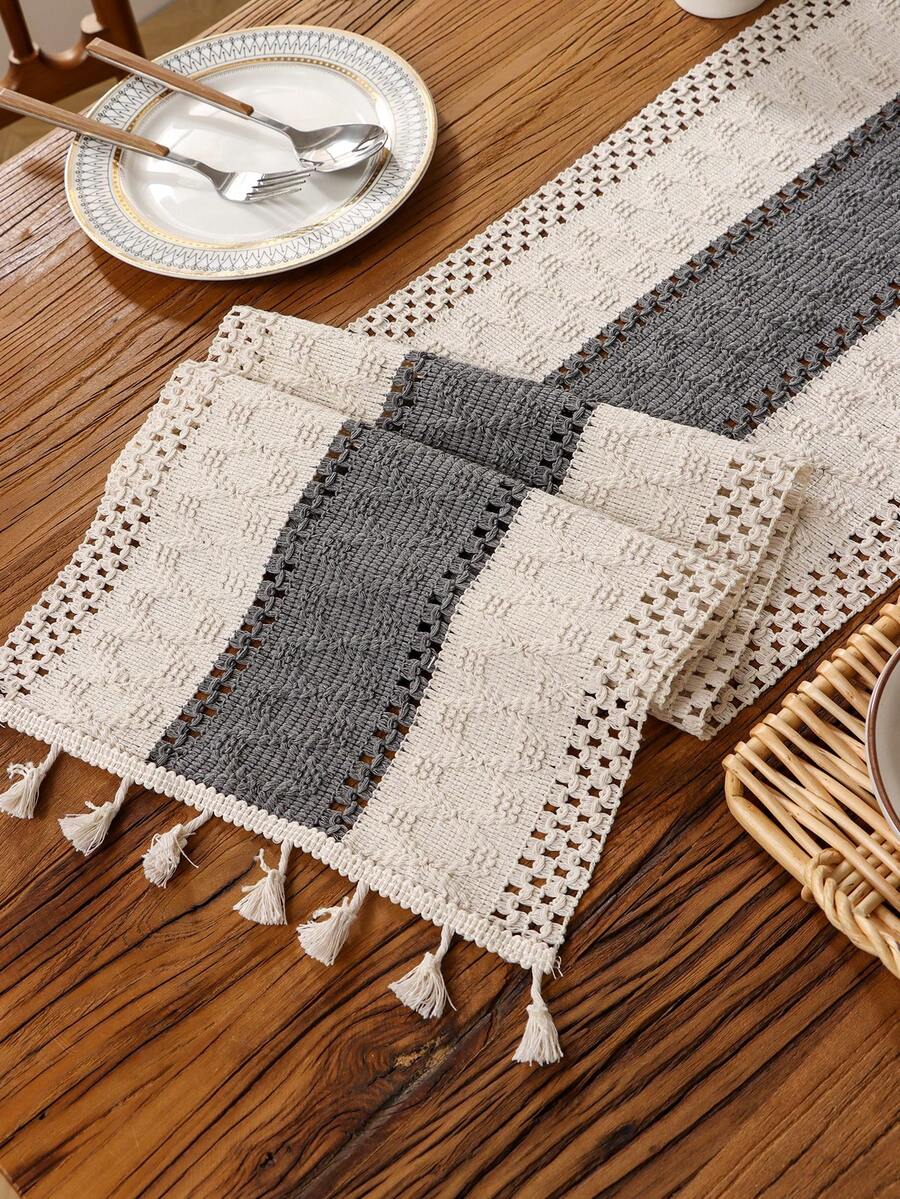 1 件奢华复古镂空编织流苏桌旗，装饰隔热餐垫，适用于橱柜、咖啡桌 - 灰色 - 查看 1