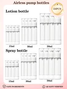 24pcs 15ml/30ml/50ml Transparent Plastic Airless Travel Pump Bottles, Suitable For Refilling Cosmetic Products Like Foundation, Cream, Shampoo, Toner. Made Of High Quality Plastic, , Reliable, Odorless And Non-Deformable/Breakable, Refillable For Reuse. Small Size For Easy Carrying In Makeup Bag Or Handbag. Suitable For Travel Or Home Use. 1pc/3pcs/6pcs/12pcs/18pcs/24pcs Set Available.