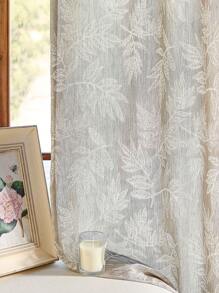 1pc Elegant French Style Linen Leaf Jacquard Curtain Sheer For Balcony, Living Room, Bedroom