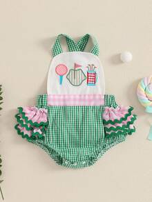 0-18M Lovely Baby Girls Boys Cute Romper Ruffles Sleeveless Golf Embroidery Plaid Print Jumpsuits For Casual Daily - 綠色 - 查看 3