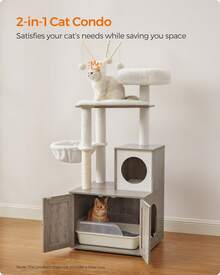 Feandrea Cat Tree With Litter Box Enclosure, 2-In-1 Modern Cat Tower, 55.1-Inch Cat Condo With Scratching Posts, Removable Pompom Sticks, Greige - Grey - View 4