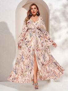 Vestido de vacaciones con mangas con volantes y cinturón para tallas grandes