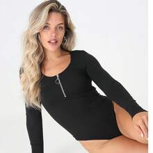 brave soul Long Sleeve Bodysuit With Zip, Black