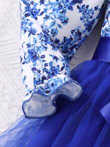 Young Girl Long Sleeve Floral Print Mesh Dress With Woven Belt - Navy Blue - View 6