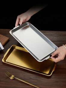 1pc Rectangular Stainless Steel Serving Tray, Thick & Sturdy, Korean Style, For Home, Hotel, Restaurant Decoration, BBQ, Sushi Display - Multicolor - View 5