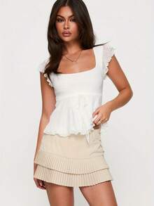 Women Square Neck Peplum Top Y2k Cap Sleeve Layered Ruffle Trim Printed Top Lace Up Slim Fit Solid Color Shirt - White - View 3
