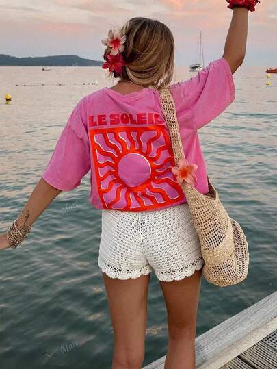 T-shirt décontracté à manches courtes et col rond de couleur unie pour femmes, tenue d'été de vacances à la plage avec graphique solaire