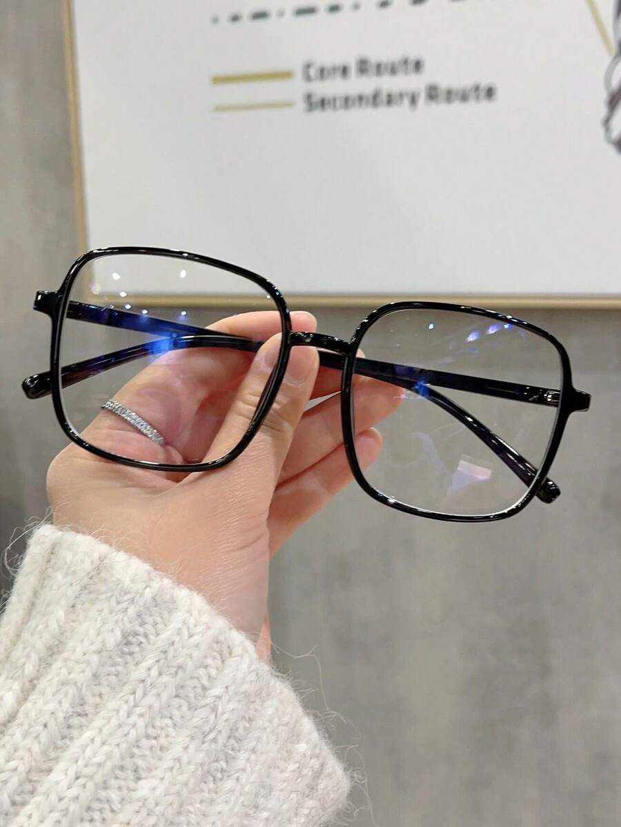 1pc Women's Black Square Pc Frame Plain Glass Glasses With Large Frame, Suitable For Daily Wear Clear Glasses Accessories Glasses Accessories For Women - Black - View 1