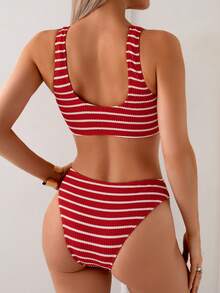 Women's Sexy Red & White Stripe Bikini Set - Multicolor - View 3