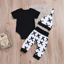 AiN't No Mama Like The One I Got Newborn Baby Boys Girls Pants Set Toddler Infant Short Sleeve Letter Print Romper Bodysuit + Cross Print Pants + Hat 3Pcs Outfit Set - Black - View 5