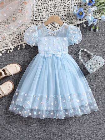 Young Girls Ditsy Floral Mesh Patchwork Princess Dress With Round Neck & Lantern Sleeve, Cute And Elegant Summer Dress