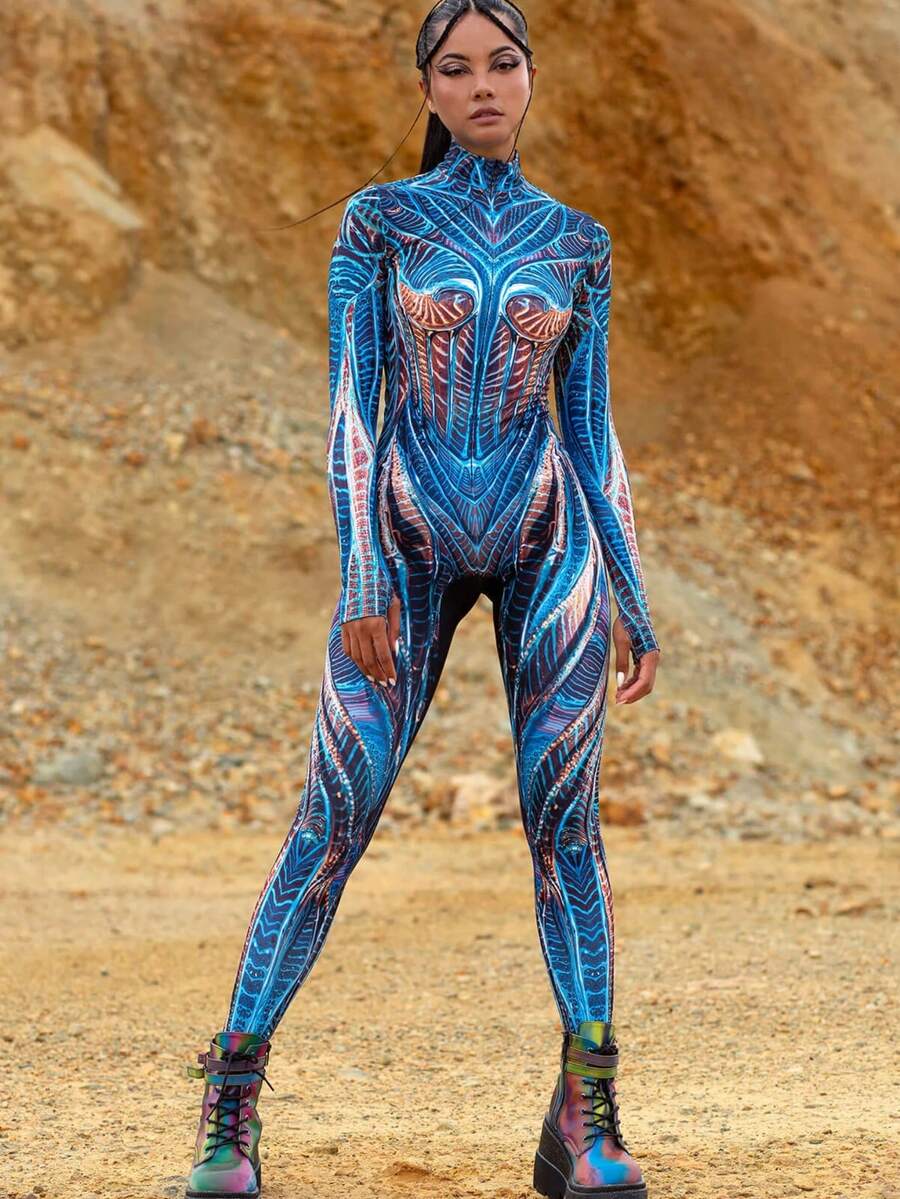 LADYINGBAY Dazzling Blue Rave Costume, Festival Clothing, Rave Clothing, Burning Man Bodysuit Women, Festival Bodysuit For Women, Rave Costume Women, Party Bodysuit Christmas Clothing, Christmas Gifts - 藍色 - 查看 1