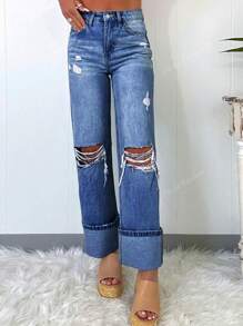 Blugi casual din denim rupti, simpli, de culoare solidă, pentru femei
