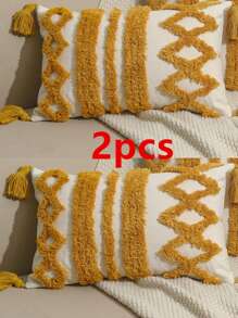1 pièce/2 pièces Housse de coussin en canevas à motif de rayures ondulées et de diamants, avec franges bouclées, style nordique, pour la chambre, le salon, le canapé, la voiture, la décoration de jardin, sans insert, 12"X20", 18"X18"