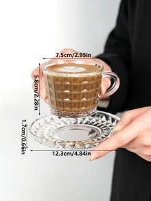 1件套高端玻璃咖啡杯碟套装创意浮雕钻石纹理优雅下午茶杯碟家用早餐牛奶杯茶杯