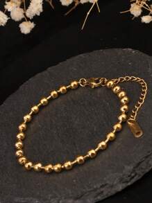 1pc 18K Gold Color Bead Chain Stainless Steel Adjustable Bracelet, Geometric Minimalist Design, Suitable For Men And Women Daily Wear, Girlfriend Gift